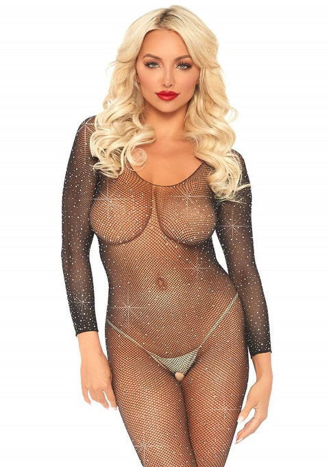 Leg Ave Crystalized Fishnet Bodystocking Queen Black - 89233