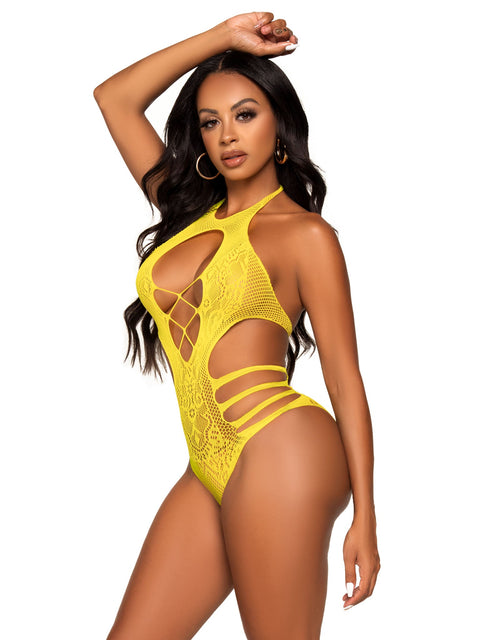 Leg Ave Lace Cut out Strappy bodysuit yellow - 89295