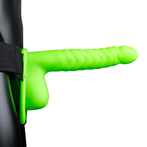 Ouch Ribbed Hollow Strap with Balls 8" Glow