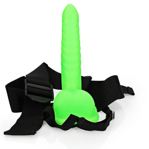 Ouch Ribbed Hollow Strap with Balls 8" Glow