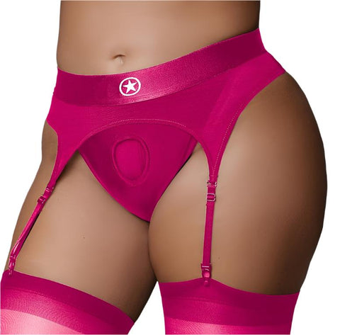 Ouch Vibrating Strap On Thong with Adjustable Garters - Pink XL/XXL