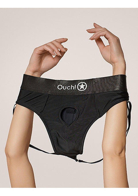 Ouch Vibrating Strap-on Thong with Removable Butt Straps - Black - XL/XXL