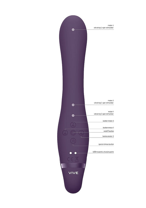 Vive Satu Vibrating Triple Motor Silicone Strapless Strapon - Purple