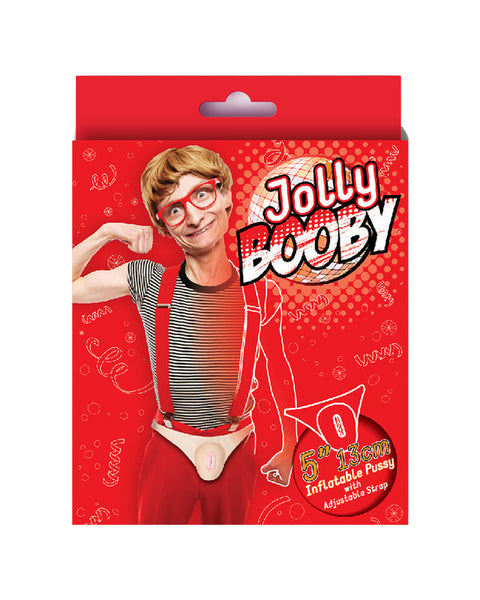 Red packaging of Jolly Booby with a person flexing muscles on a white background
