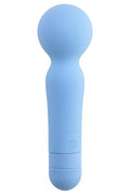 Blue handheld wand massager with packaging on a white background