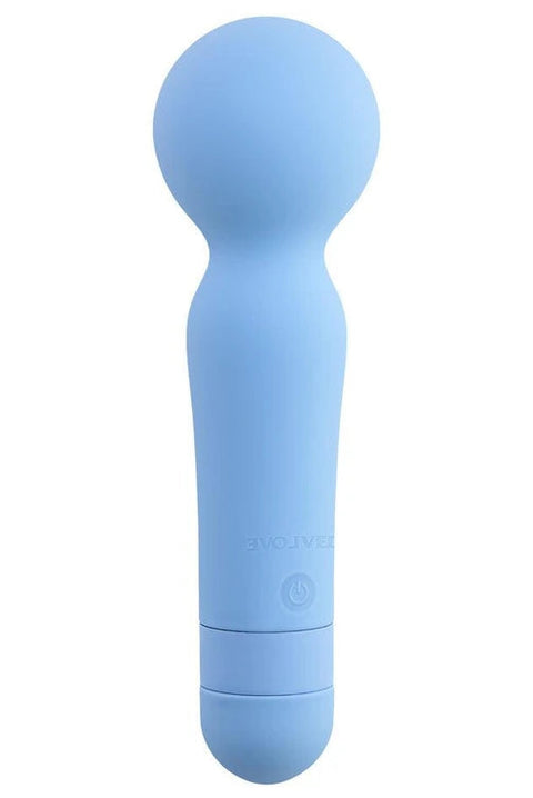 Blue handheld wand massager with packaging on a white background