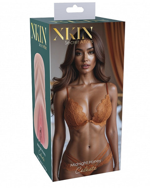 Xkin lingerie packaging with a model wearing a bra and panties on a white background