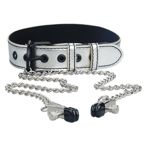 Lovetoy silver collar with nipple clamps