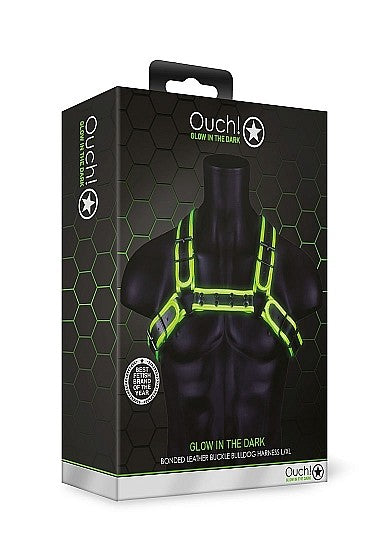 Ouch Glow In The Dark - Bonded Leather Buckle Bulldog Harness L/XL