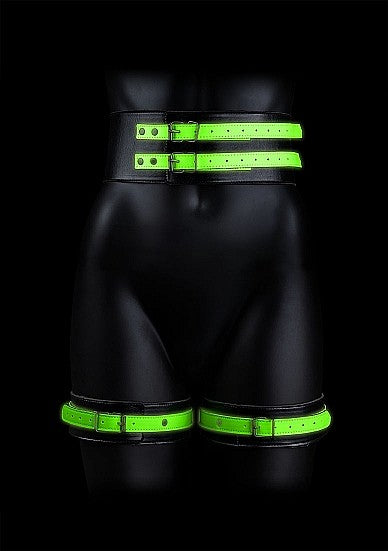 Ouch Glow In The Dark - Bonded Leather Hand & Thigh Cuffs w Belt Restraint S/M