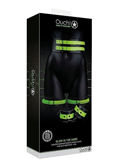 Ouch Glow In The Dark - Bonded Leather Hand & Thigh Cuffs w Belt Restraint S/M