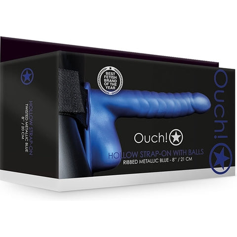 Ouch Ribbed Hollow Strap with Balls 8" Blue