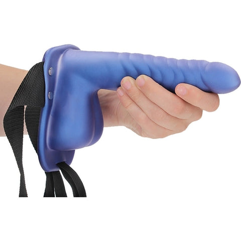 Ouch Ribbed Hollow Strap with Balls 8" Blue