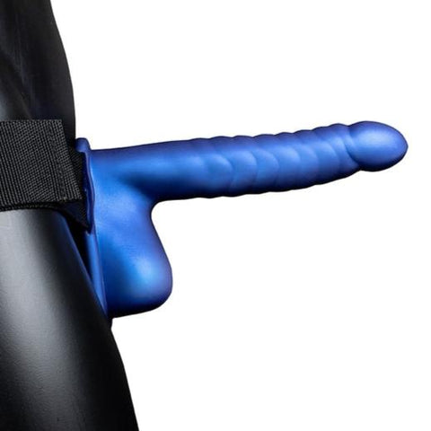 Ouch Ribbed Hollow Strap with Balls 8" Blue