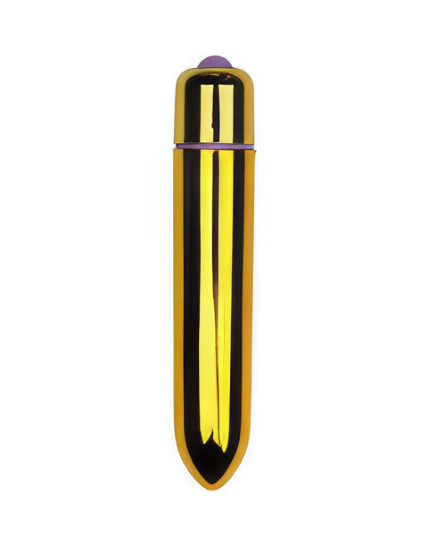 A metallic gold bullet vibrator with a reflective chrome finish, featuring a small purple accent ring and a purple button on the cap, shown against a plain white background.