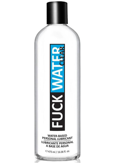 Clear bottle of water-based personal lubricant with a black and blue label on a white background