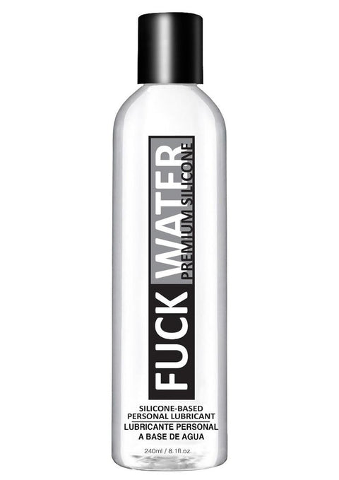 Silicone-based personal lubricant bottle with black and white label on a white background