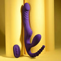 Purple silicone toy against a yellow curtain background