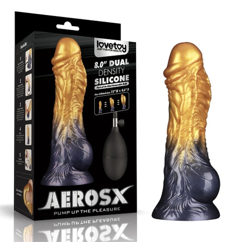 Lovetoy AEROSX Pump Up The Pleasure Dual Density Silicone Inflatable Dildo Gold 8"