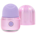 Pink and purple electronic device with power button on a white background