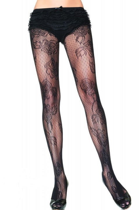 Leg Ave Jacquard micro net rose lace pantyhose
