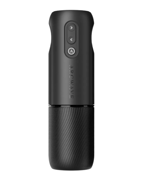 A matte black Arcwave portable electric grinder shown vertically against a light gray background.