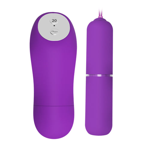 Purple electronic device with a white label on a white background
