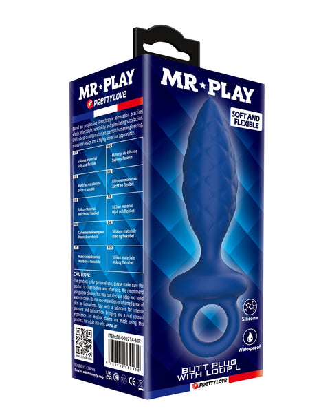 Blue butt plug packaging with 'MR. PLAY' branding on a white background