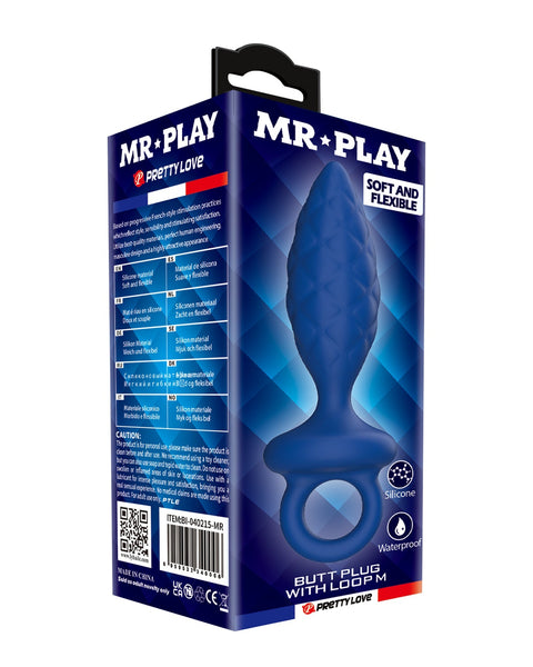 MR PLAY butt plug packaging with blue design on a white background