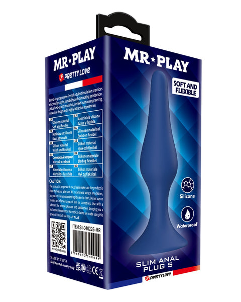 Blue packaging of MR PLAY slim anal plug with product details on a white background
