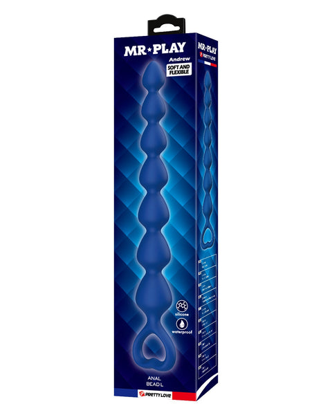 Blue packaging of MR. PLAY product on a white background