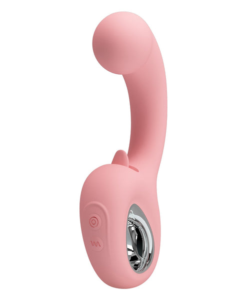 Pink silicone product with a metallic component on a white background