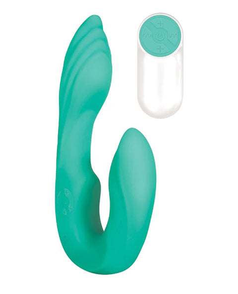 Turquoise and white device on a white background