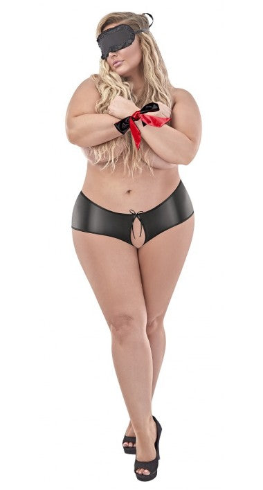 Exposed Love & Bondage Split Back Liquid Onyx Booty Short Set Queen Black L302