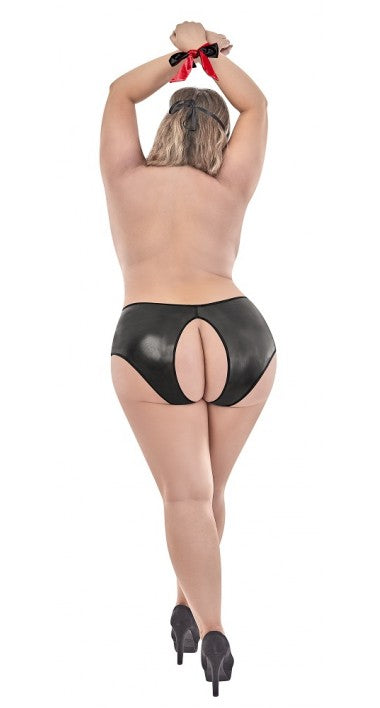 Exposed Love & Bondage Split Back Liquid Onyx Booty Short Set Queen Black L302