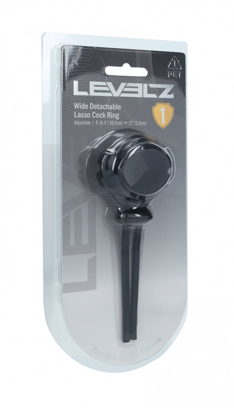 Black wide detachable lasso cock ring in Levelz packaging on a white background
