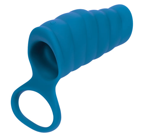Blue silicone ring with textured handle on a white background