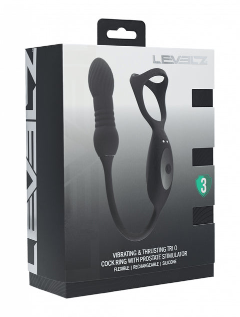 Levelz product packaging with a black cock ring and prostate stimulator on a white background