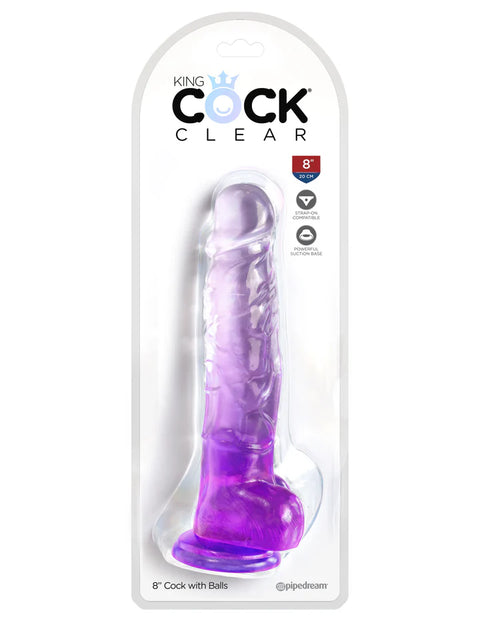 King Cock Clear 8" With Balls Purple