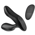 Black personal massager with a curved textured handle and separate oval remote control, shown on a plain white background.