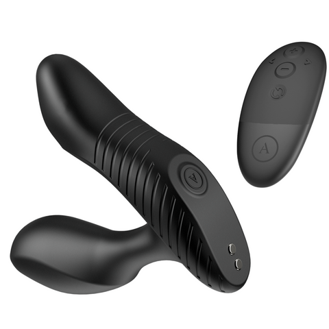 Black personal massager with a curved textured handle and separate oval remote control, shown on a plain white background.