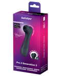 Satisfyer Pro 2 Generation 3 air pump wand in its original purple and magenta retail packaging, featuring a black product illustration on the box.