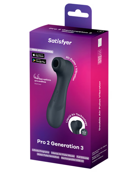 Satisfyer Pro 2 Generation 3 air pump wand in its original purple and magenta retail packaging, featuring a black product illustration on the box.