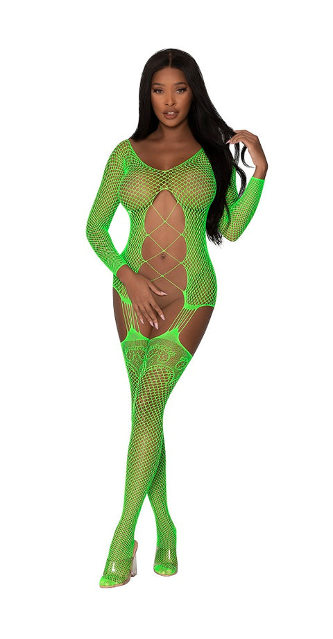 Exposed Seamless Fishnet Gartered Catsuit OS Lime S127