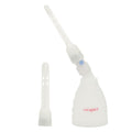 White pet cleaning brush with a long handle on a white background