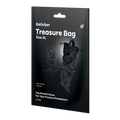 Satisfyer Treasure Bag Size XL packaging card, featuring a black background with white text and a line-art illustration of a black fabric treasure bag.