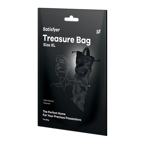 Satisfyer Treasure Bag Size XL packaging card, featuring a black background with white text and a line-art illustration of a black fabric treasure bag.