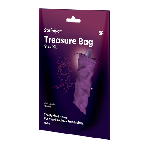 Satisfyer Treasure Bag Size XL toy bag packaging card, featuring a purple gradient background with white text and an illustration of the purple drawstring bag.