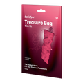 Satisfyer Treasure Bag Size XL packaging card, featuring a deep magenta gradient background with white text and an illustration of the pink treasure bag.