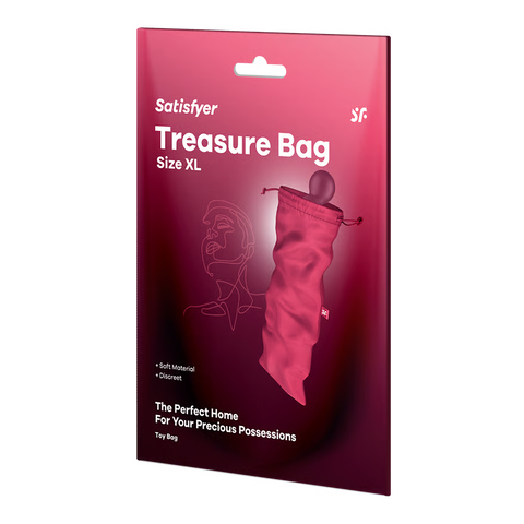 Satisfyer Treasure Bag Size XL packaging card, featuring a deep magenta gradient background with white text and an illustration of the pink treasure bag.